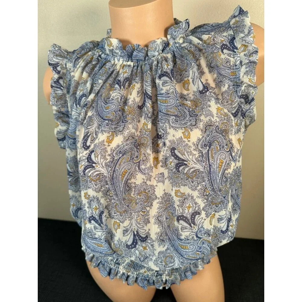 Maison D'Amelie Medium Top Floral Flowy Ruffled Blue Cinch Waist Sleeveless